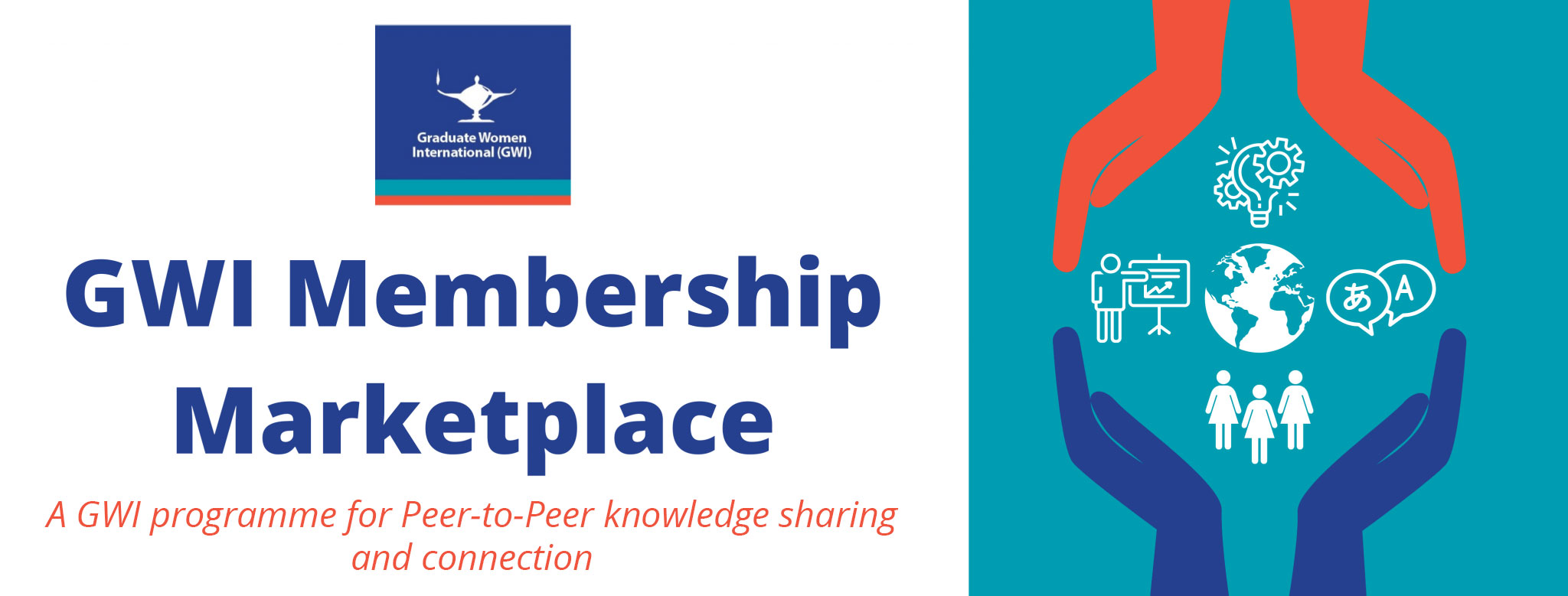 Banner reading GWI Membership Marketplace, a GWI programme for Peer-to-Peer knowledge sharing and connection, beside an illustration of two hands cradling icons for ideas, teaching, the globe, languages and people.