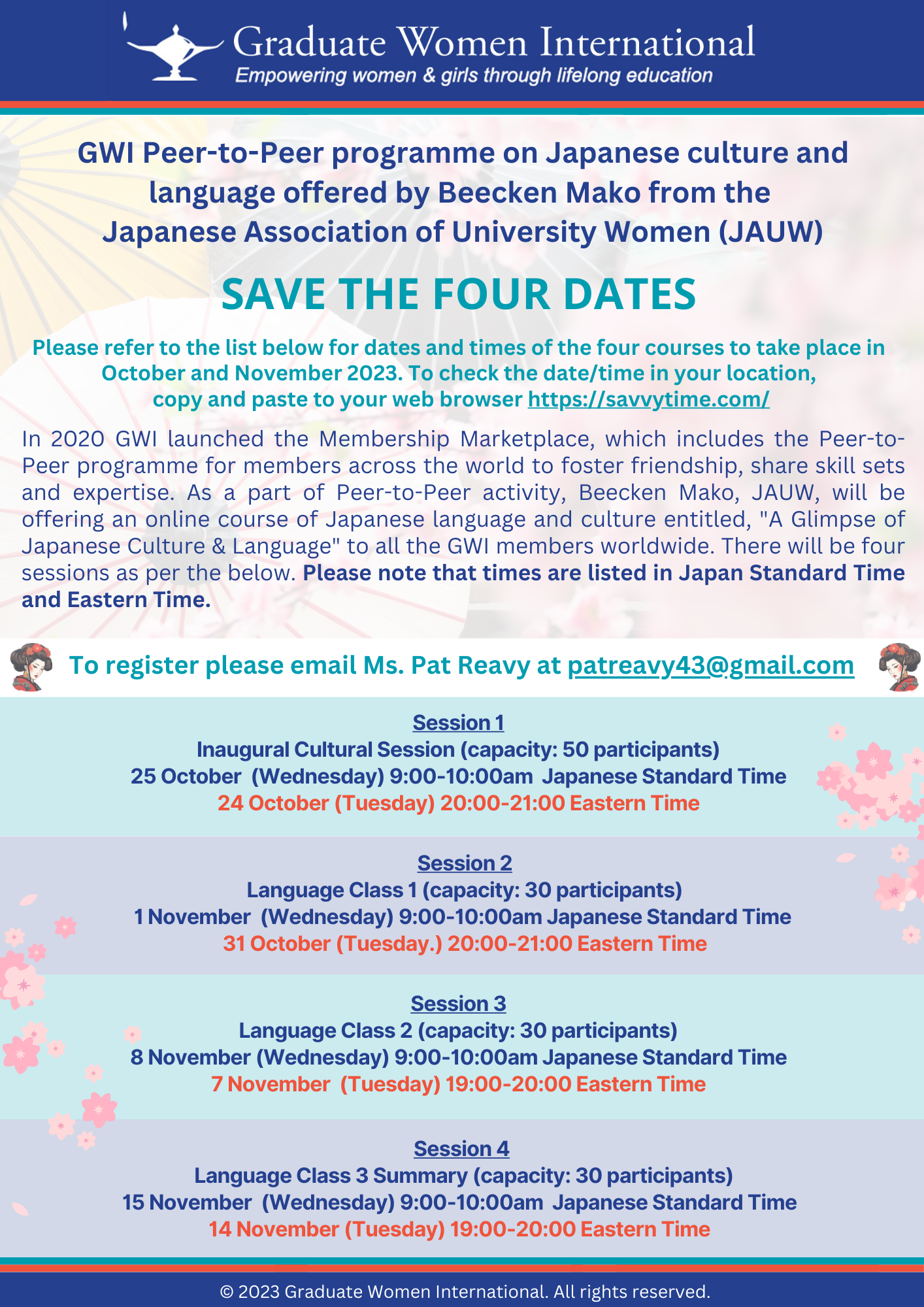 Flyer for the GWI Peer-to-Peer Japanese culture and language course offered by Beecken Mako of the Japanese Association of University Women, headed Save the Four Dates, listing four sessions between 25 October and 15 November 2023 with times in Japan Standard Time and Eastern Time, and asking members to register by email with Ms Pat Reavy.