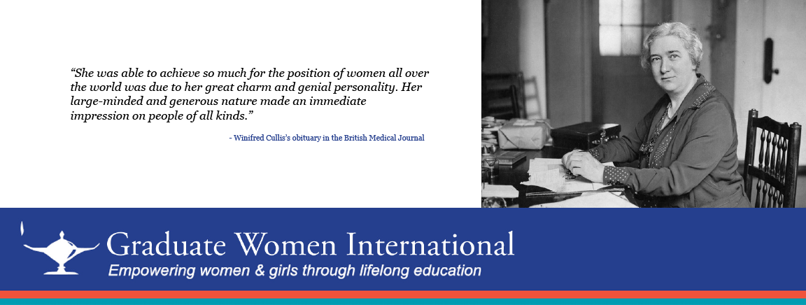 A quotation from Winifred Cullis's obituary in the British Medical Journal beside a photograph of her at her desk, above the Graduate Women International banner